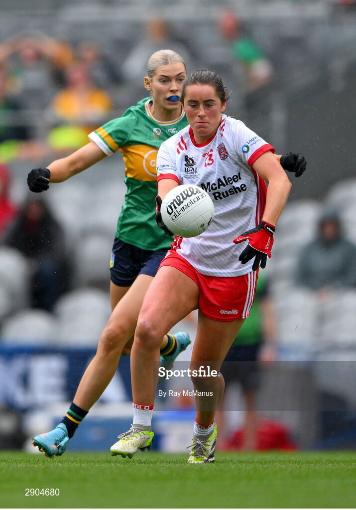 4 August 2024; Chloe McCaffery of Tyrone is tackled by Elise Bruen of Leitrim during the TG4 All-Ireland Ladies Football Intermediate Championship final match between Leitrim and Tyrone at Croke Park, Dublin. Photo by Ray McManus/Sportsfile