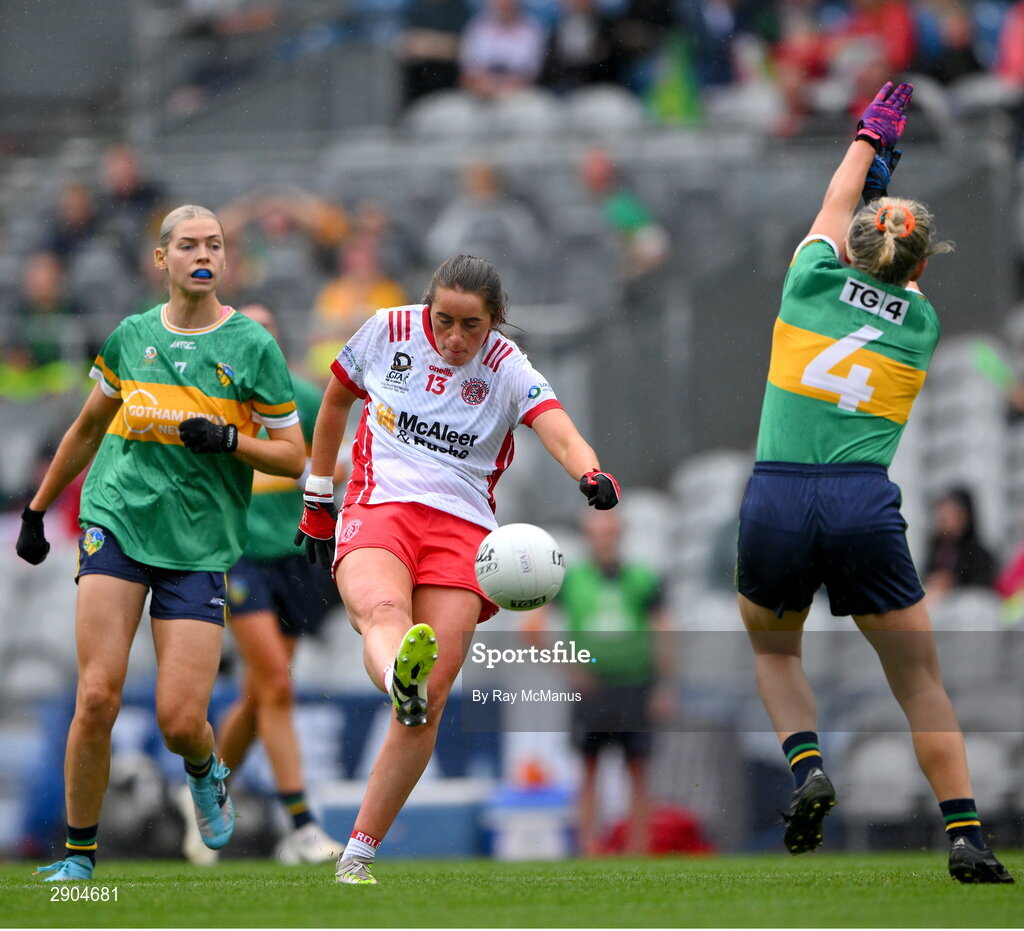 4 August 2024; Chloe McCaffery of Tyrone has a shot blocked by Clare Owens of Leitrim during the TG4 All-Ireland Ladies Football Intermediate Championship final match between Leitrim and Tyrone at Croke Park, Dublin. Photo by Ray McManus/Sportsfile