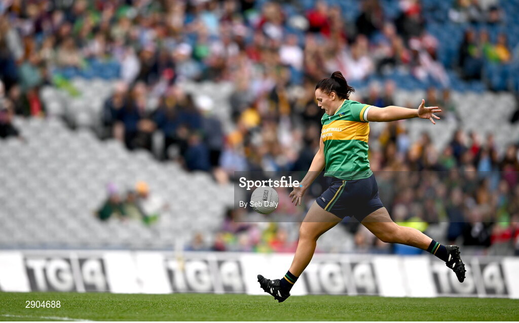 4 August 2024; Michelle Guckian of Leitrim converts a free during the TG4 All-Ireland Ladies Football Intermediate Championship final match between Leitrim and Tyrone at Croke Park in Dublin. Photo by Seb Daly/Sportsfile