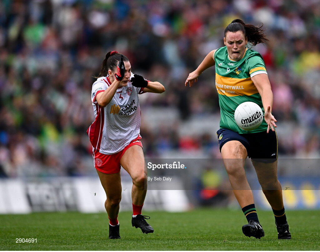 4 August 2024; Michelle Guckian of Leitrim in action against Eimear Quinn of Tyrone during the TG4 All-Ireland Ladies Football Intermediate Championship final match between Leitrim and Tyrone at Croke Park in Dublin. Photo by Seb Daly/Sportsfile