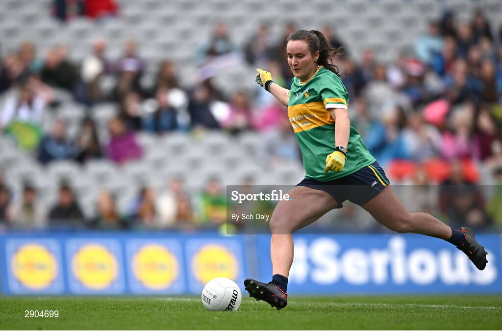4 August 2024; Ailbhe Clancy of Leitrim scores her side's third goal, a penalty, during the TG4 All-Ireland Ladies Football Intermediate Championship final match between Leitrim and Tyrone at Croke Park in Dublin. Photo by Seb Daly/Sportsfile