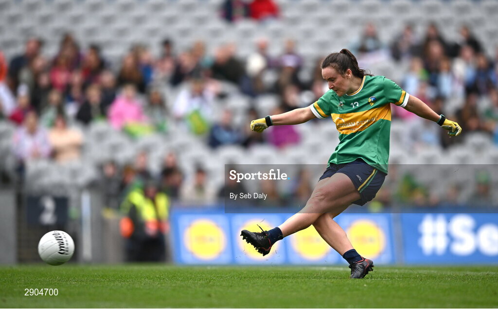 4 August 2024; Ailbhe Clancy of Leitrim scores her side's third goal, a penalty, during the TG4 All-Ireland Ladies Football Intermediate Championship final match between Leitrim and Tyrone at Croke Park in Dublin. Photo by Seb Daly/Sportsfile