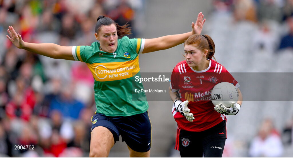 4 August 2024; Tyrone goalkeeper Amelia Coyle in action against Michelle Guckian of Leitrim during the TG4 All-Ireland Ladies Football Intermediate Championship final match between Leitrim and Tyrone at Croke Park, Dublin. Photo by Ray McManus/Sportsfile
