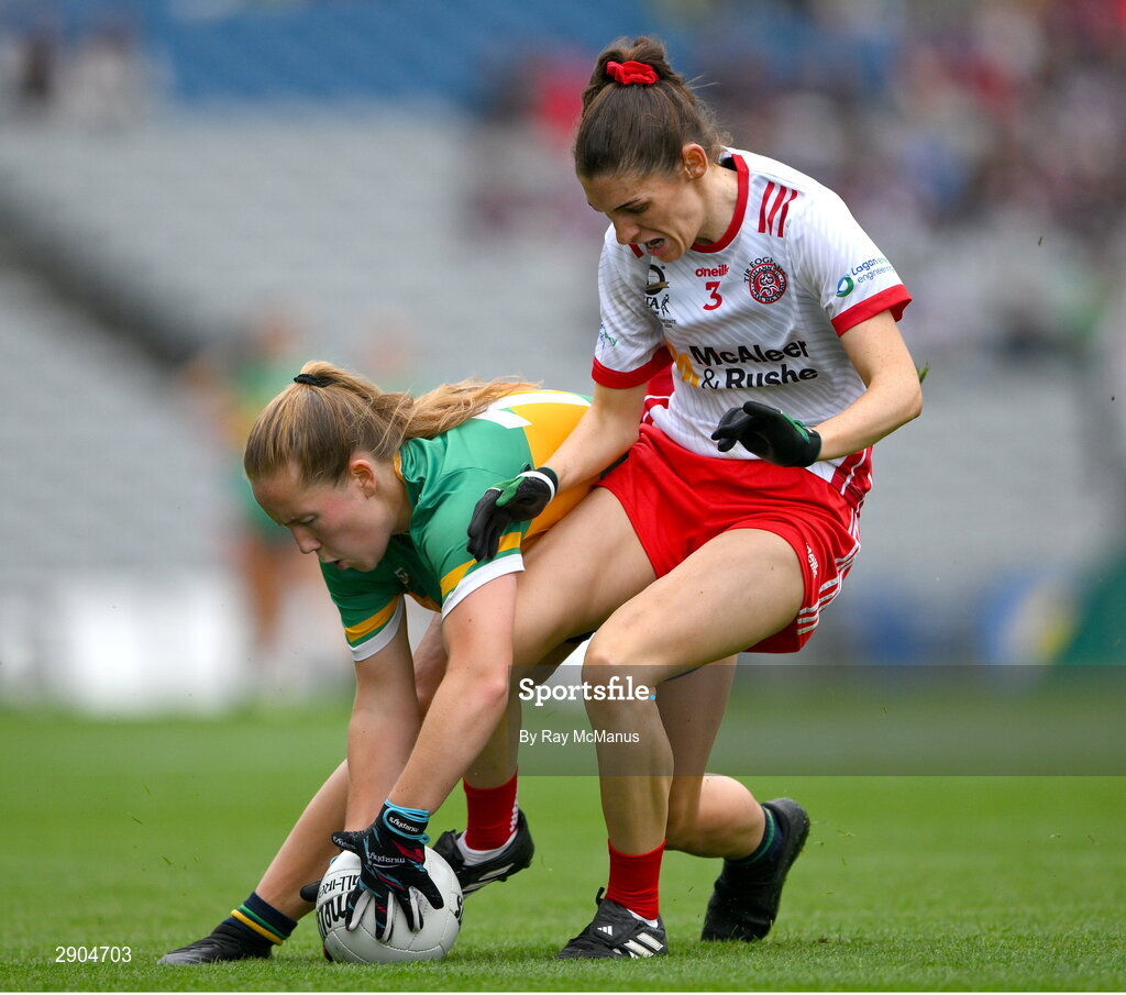 4 August 2024; Muireann Devaney of Leitrim is tackled by Joanne Barrett of Tyrone during the TG4 All-Ireland Ladies Football Intermediate Championship final match between Leitrim and Tyrone at Croke Park, Dublin. Photo by Ray McManus/Sportsfile