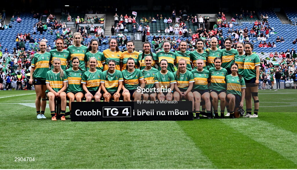 4 August 2024; The Leitrim squad before the TG4 All-Ireland Ladies Football Intermediate Championship final match between Leitrim and Tyrone at Croke Park in Dublin. Photo by Piaras Ó Mídheach/Sportsfile
