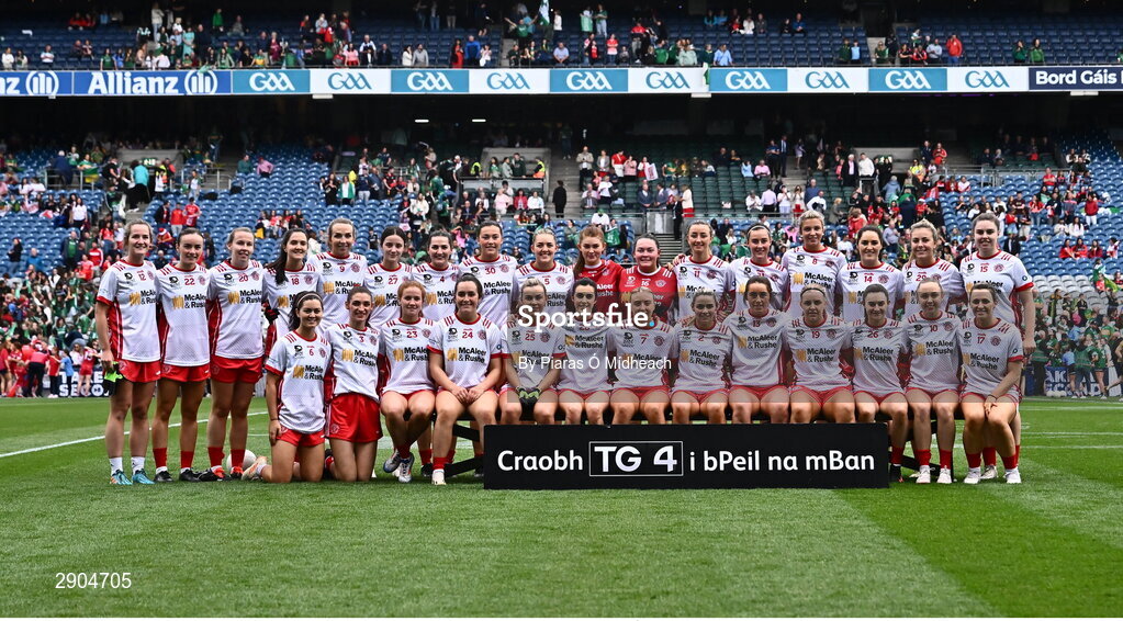 4 August 2024; The Tyrone squad before the TG4 All-Ireland Ladies Football Intermediate Championship final match between Leitrim and Tyrone at Croke Park in Dublin. Photo by Piaras Ó Mídheach/Sportsfile
