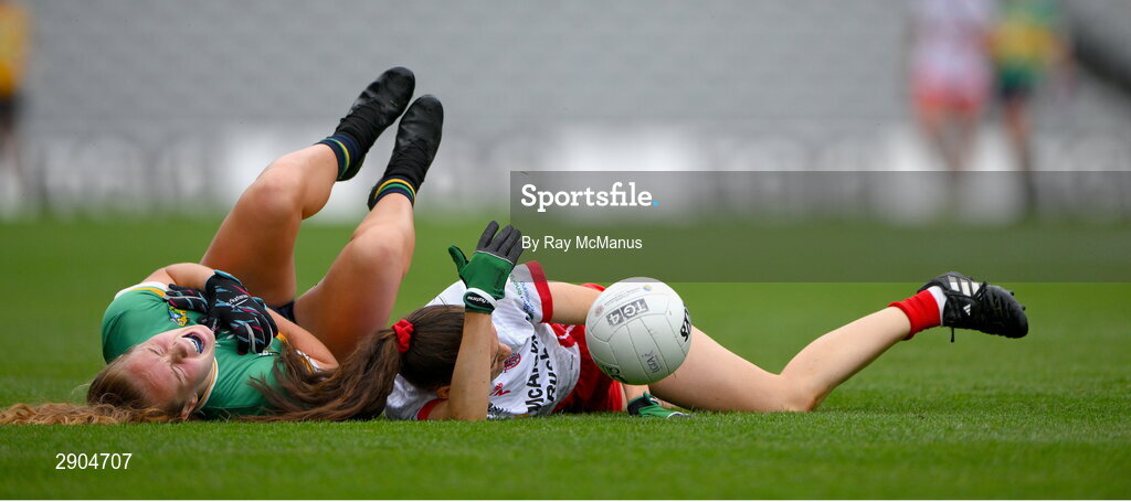 4 August 2024; Muireann Devaney of Leitrim is tackled by Joanne Barrett of Tyrone during the TG4 All-Ireland Ladies Football Intermediate Championship final match between Leitrim and Tyrone at Croke Park, Dublin. Photo by Ray McManus/Sportsfile