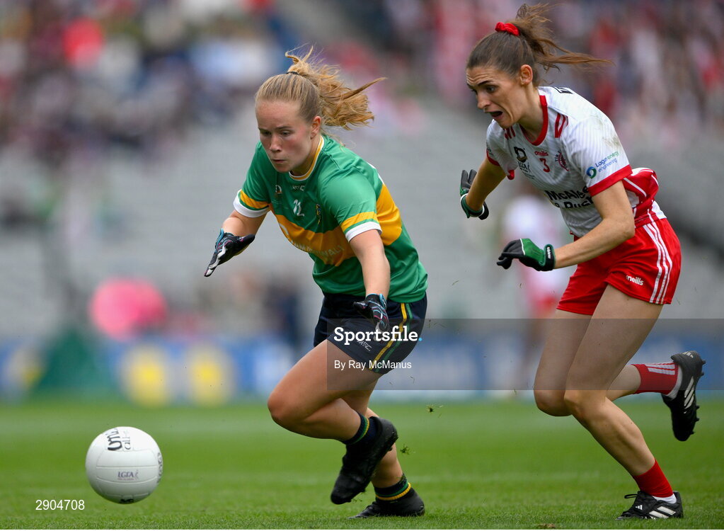 4 August 2024; Muireann Devaney of Leitrim is tackled by Joanne Barrett of Tyrone during the TG4 All-Ireland Ladies Football Intermediate Championship final match between Leitrim and Tyrone at Croke Park, Dublin. Photo by Ray McManus/Sportsfile