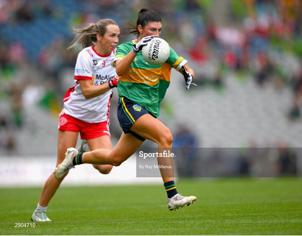 4 August 2024; Laura O'Dowd of Leitrim races clear of Meabh Mallon of Tyrone during the TG4 All-Ireland Ladies Football Intermediate Championship final match between Leitrim and Tyrone at Croke Park, Dublin. Photo by Ray McManus/Sportsfile