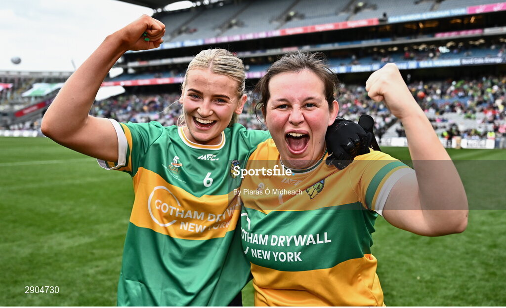 4 August 2024; Kasey Bruen, left, and Leitrim goalkeeper Michelle Monaghan celebrate after the TG4 All-Ireland Ladies Football Intermediate Championship final match between Leitrim and Tyrone at Croke Park in Dublin. Photo by Piaras Ó Mídheach/Sportsfile