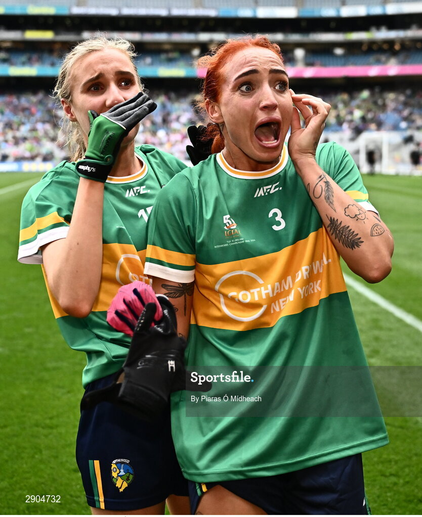 4 August 2024; Charlene Tyrrell, right, and Áine Redican of Leitrim celebrate after the TG4 All-Ireland Ladies Football Intermediate Championship final match between Leitrim and Tyrone at Croke Park in Dublin. Photo by Piaras Ó Mídheach/Sportsfile