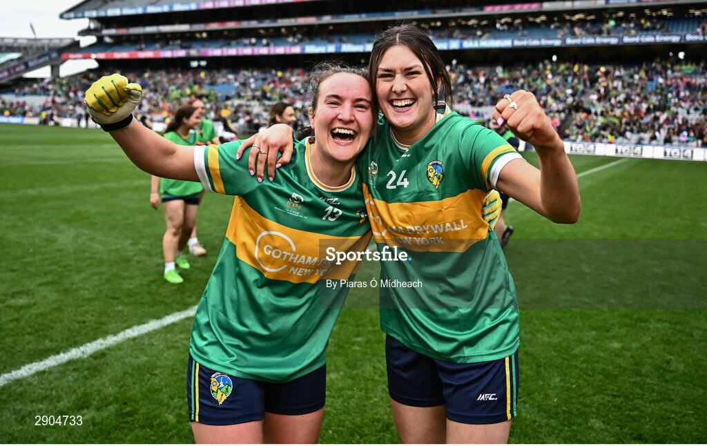 4 August 2024; Ailbhe Clancy, left, and Vivienne Egan of Leitrim celebrate after the TG4 All-Ireland Ladies Football Intermediate Championship final match between Leitrim and Tyrone at Croke Park in Dublin. Photo by Piaras Ó Mídheach/Sportsfile