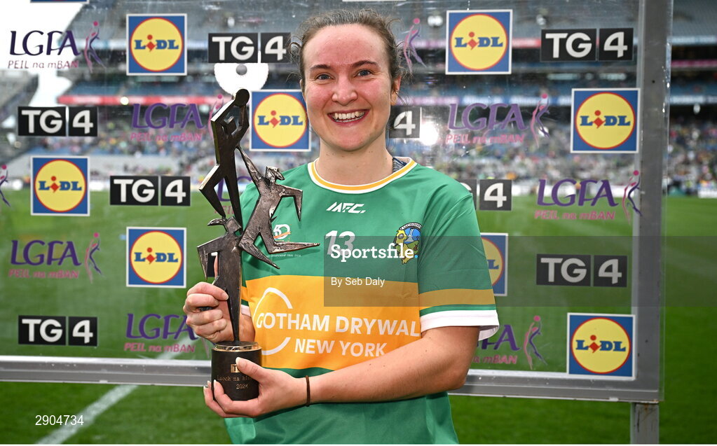 4 August 2024; Ailbhe Clancy of Leitrim with the Player of the Match award after the TG4 All-Ireland Ladies Football Intermediate Championship final match between Leitrim and Tyrone at Croke Park in Dublin. Photo by Seb Daly/Sportsfile