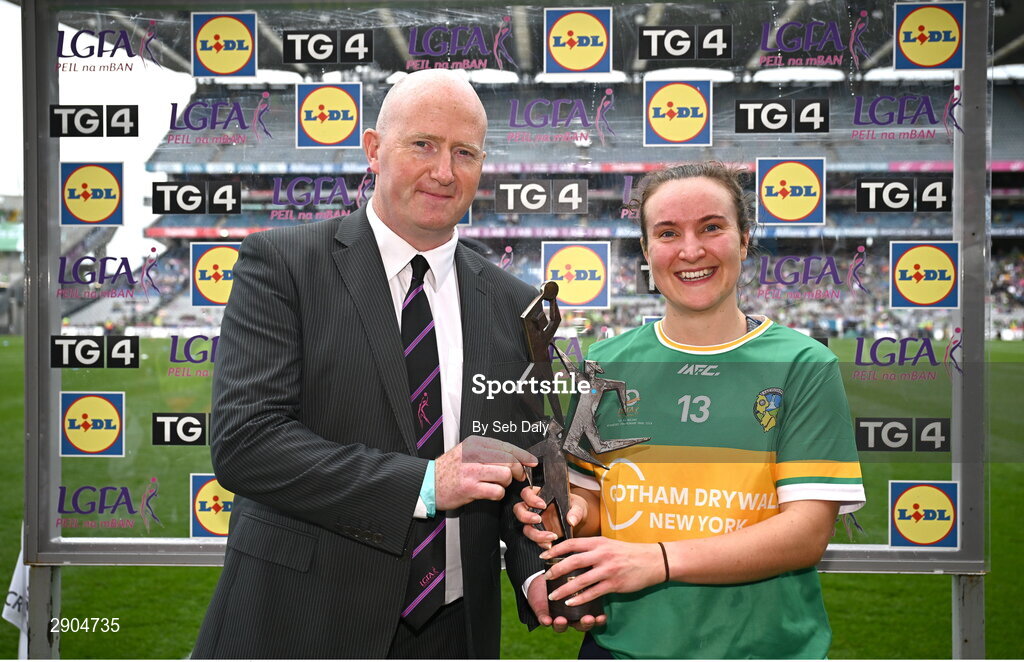 4 August 2024; Ailbhe Clancy of Leitrim receives the Player of the Match award from Rónán Ó Coisdealbha, Head of Sport, TG4, after the TG4 All-Ireland Ladies Football Intermediate Championship final match between Leitrim and Tyrone at Croke Park in Dublin. Photo by Seb Daly/Sportsfile