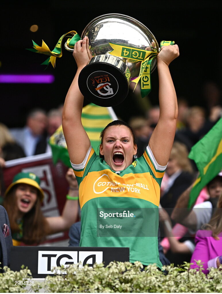 4 August 2024; Leitrim captain Michelle Guckian lifts the Mary Quinn Memorial cup after the TG4 All-Ireland Ladies Football Intermediate Championship final match between Leitrim and Tyrone at Croke Park in Dublin. Photo by Seb Daly/Sportsfile