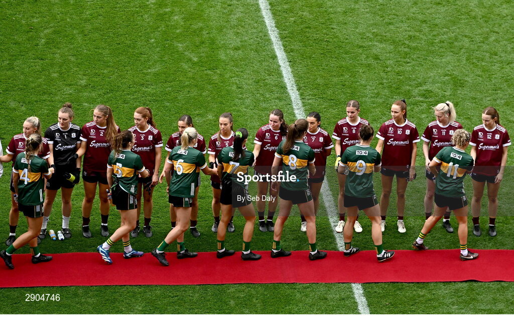 4 August 2024; Kerry and Galway players shake hands before the TG4 All-Ireland Ladies Football Senior Championship final match between Galway and Kerry at Croke Park, Dublin. Photo by Seb Daly/Sportsfile