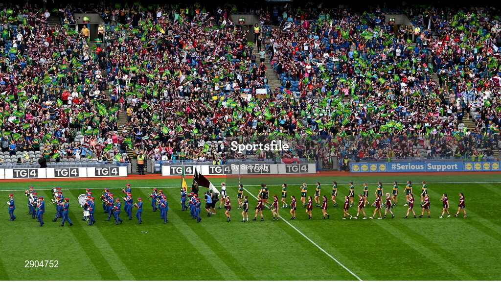4 August 2024; Kerry and Galway players during the parade before the TG4 All-Ireland Ladies Football Senior Championship final match between Galway and Kerry at Croke Park, Dublin. Photo by Seb Daly/Sportsfile
