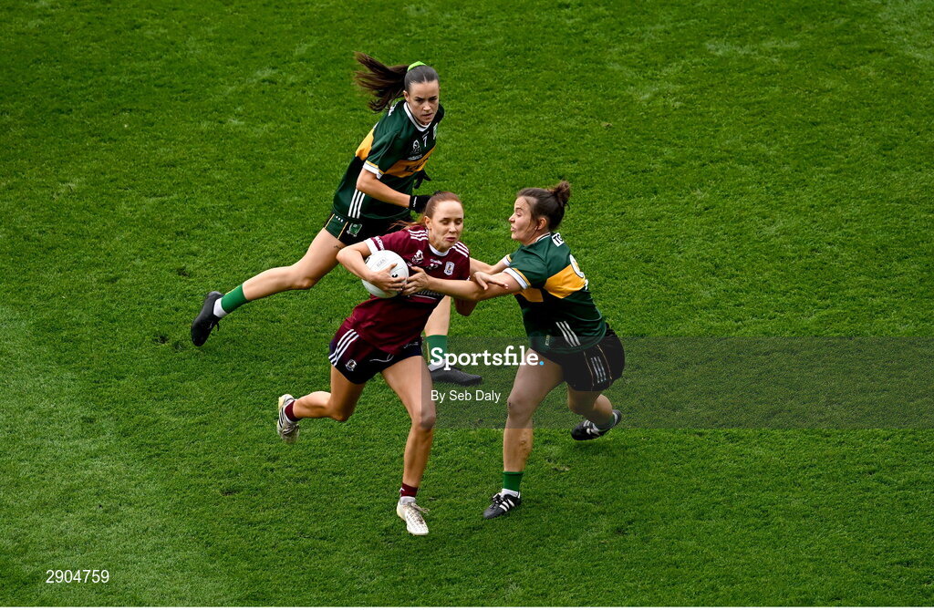 4 August 2024; Olivia Divilly of Galway in action against Anna Galvin of Kerry, right, during the TG4 All-Ireland Ladies Football Senior Championship final match between Galway and Kerry at Croke Park, Dublin. Photo by Seb Daly/Sportsfile