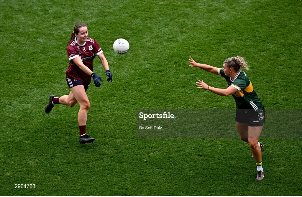 4 August 2024; Nicola Ward of Galway in action against Niamh Ní Chonchúir of Kerry during the TG4 All-Ireland Ladies Football Senior Championship final match between Galway and Kerry at Croke Park, Dublin. Photo by Seb Daly/Sportsfile