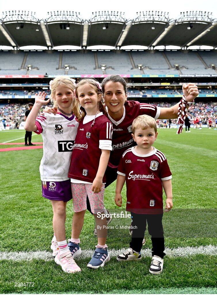 4 August 2024; Former Galway All-Ireland winning footballer in 2004, and current Republic of Ireland WNT and Liverpool FC footballer, Niamh Fahey with her newphew Daire and nieces Eala, left, and Caragh at the TG4 All-Ireland Ladies Football Senior Championship final match between Galway and Kerry at Croke Park in Dublin. Photo by Piaras Ó Mídheach/Sportsfile