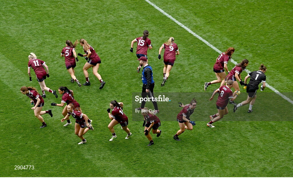 4 August 2024; Galway players before the TG4 All-Ireland Ladies Football Senior Championship final match between Galway and Kerry at Croke Park, Dublin. Photo by Seb Daly/Sportsfile