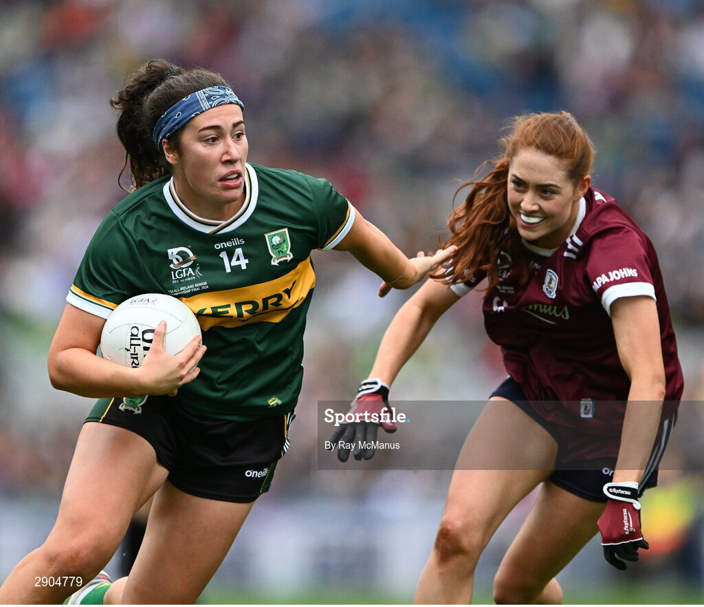 4 August 2024; Emma Dineen of Kerry is tackled by Sarah Ní Loingsigh of Galway during the TG4 All-Ireland Ladies Football Senior Championship final match between Galway and Kerry at Croke Park, Dublin. Photo by Ray McManus/Sportsfile