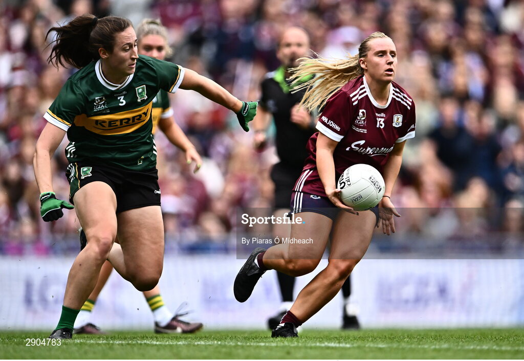 4 August 2024; Emma Reaney of Galway in action against Kayleigh Cronin of Kerry during the TG4 All-Ireland Ladies Football Senior Championship final match between Galway and Kerry at Croke Park in Dublin. Photo by Piaras Ó Mídheach/Sportsfile