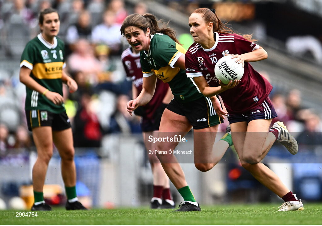 4 August 2024; Olivia Divilly of Galway in action against Mary O'Connell of Kerry during the TG4 All-Ireland Ladies Football Senior Championship final match between Galway and Kerry at Croke Park in Dublin. Photo by Piaras Ó Mídheach/Sportsfile