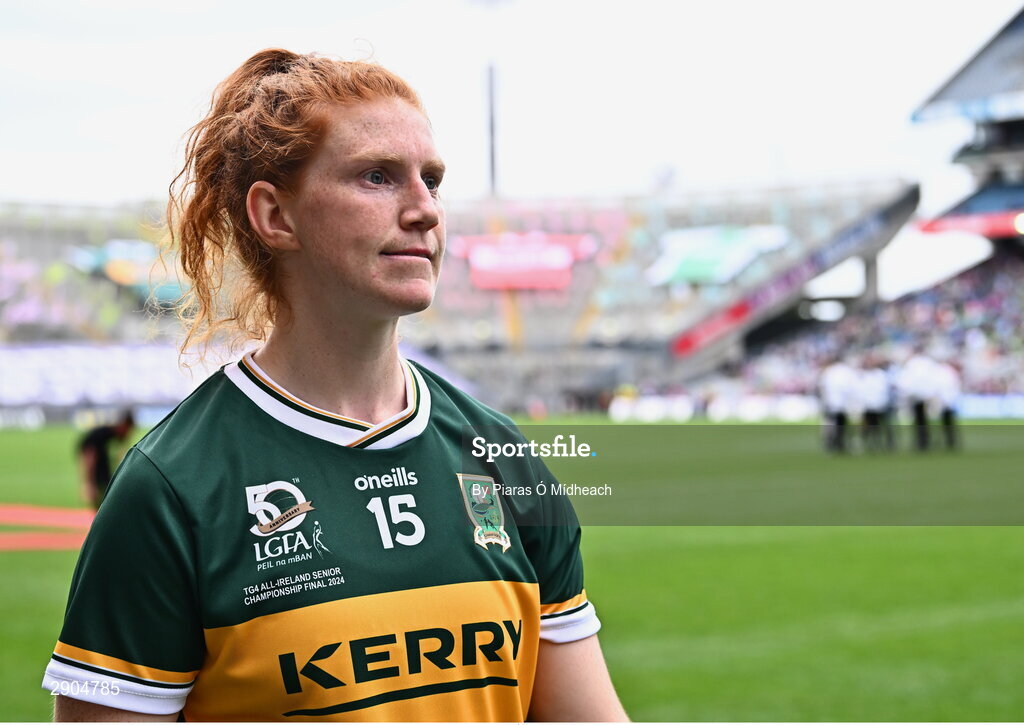 4 August 2024; Louise Ní Mhuircheartaigh of Kerry before the TG4 All-Ireland Ladies Football Senior Championship final match between Galway and Kerry at Croke Park in Dublin. Photo by Piaras Ó Mídheach/Sportsfile