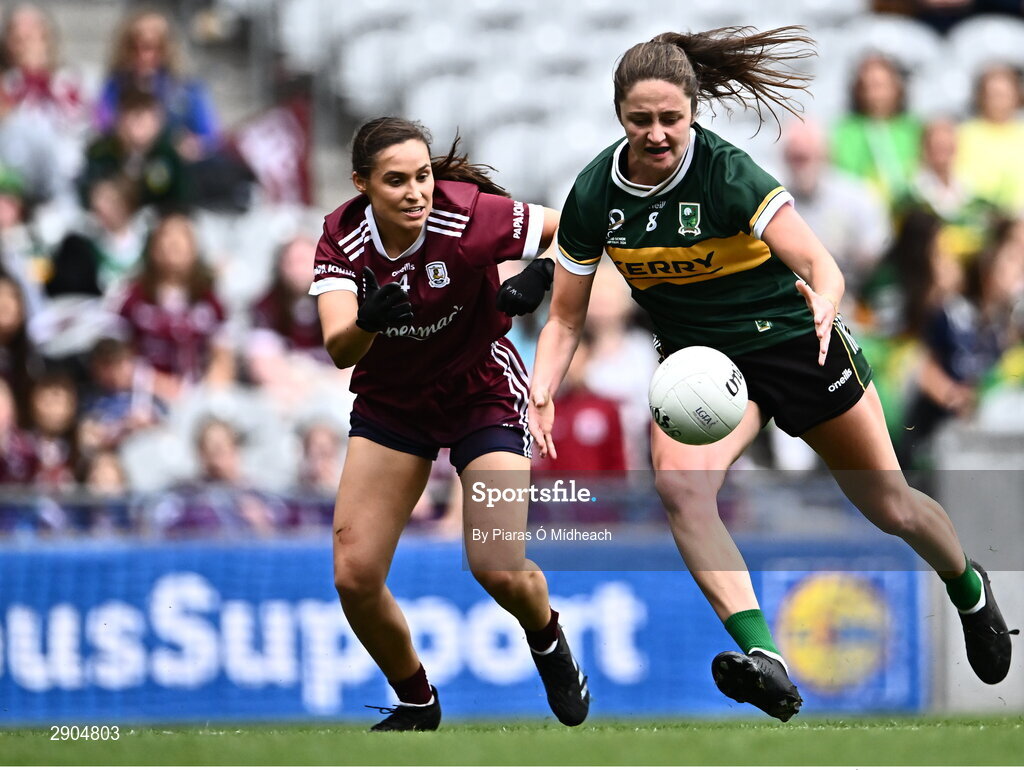 4 August 2024; Mary O'Connell of Kerry in action against Kate Geraghty of Galway during the TG4 All-Ireland Ladies Football Senior Championship final match between Galway and Kerry at Croke Park in Dublin. Photo by Piaras Ó Mídheach/Sportsfile