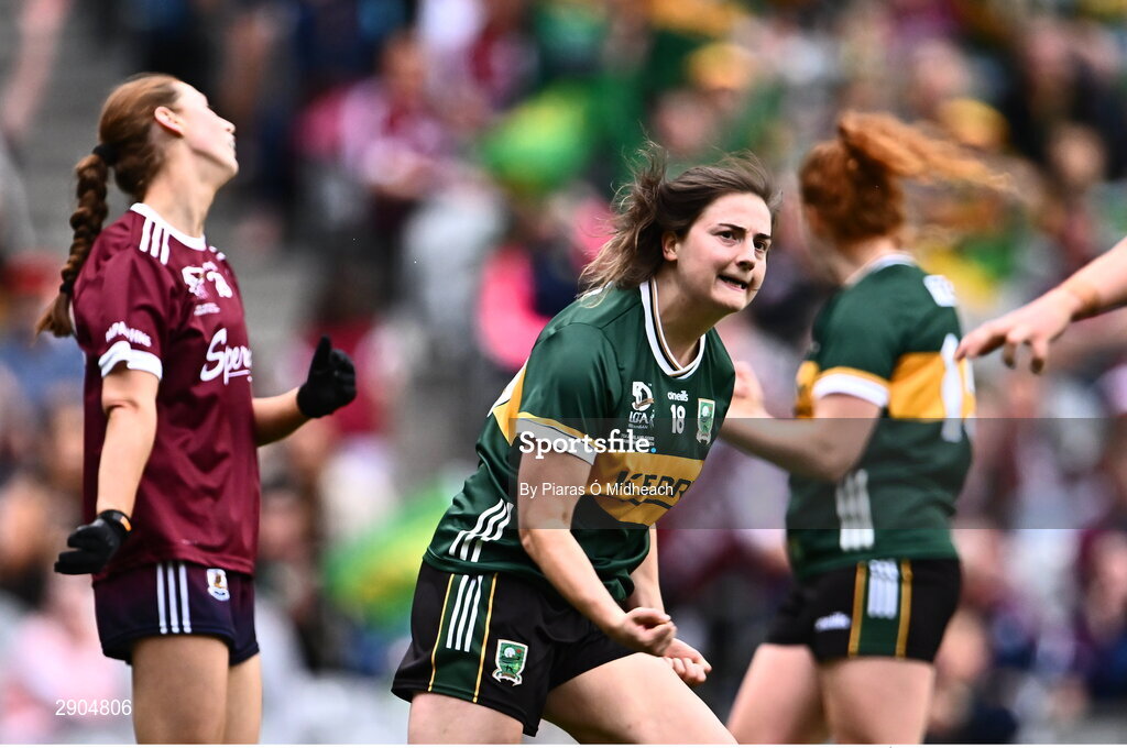 4 August 2024; Hannah O'Donoghue of Kerry celebrates after scoring her side's second goal during the TG4 All-Ireland Ladies Football Senior Championship final match between Galway and Kerry at Croke Park in Dublin. Photo by Piaras Ó Mídheach/Sportsfile