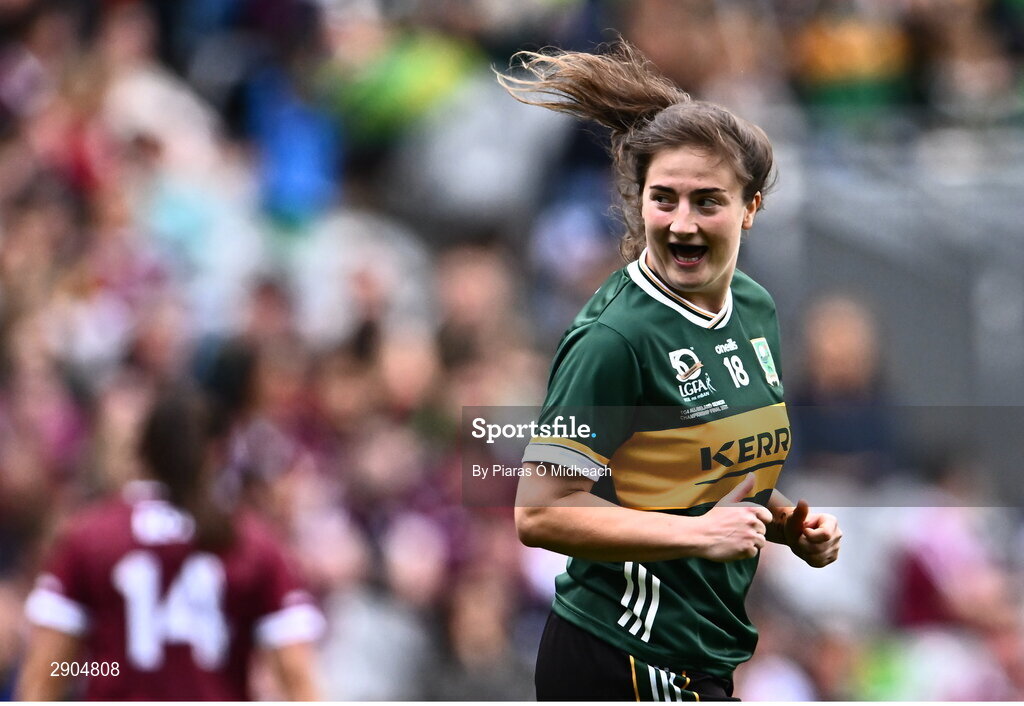 4 August 2024; Hannah O'Donoghue of Kerry celebrates after scoring her side's second goal during the TG4 All-Ireland Ladies Football Senior Championship final match between Galway and Kerry at Croke Park in Dublin. Photo by Piaras Ó Mídheach/Sportsfile