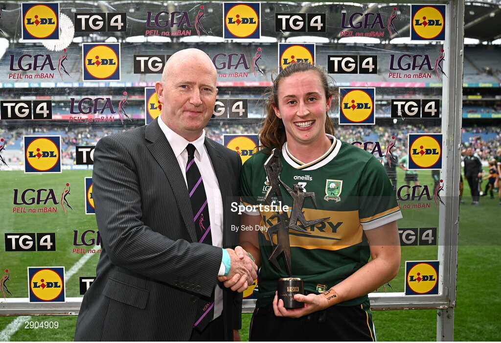 4 August 2024; Kayleigh Cronin of Kerry receives the Player of the Match award from Rónán Ó Coisdealbha, Head of Sport, TG4, after the TG4 All-Ireland Ladies Football Senior Championship final match between Galway and Kerry at Croke Park in Dublin. Photo by Seb Daly/Sportsfile