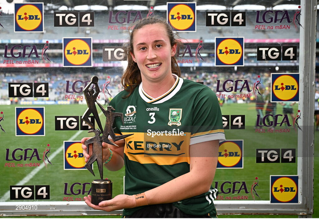 4 August 2024; Kayleigh Cronin of Kerry with the Player of the Match award after the TG4 All-Ireland Ladies Football Senior Championship final match between Galway and Kerry at Croke Park in Dublin. Photo by Seb Daly/Sportsfile