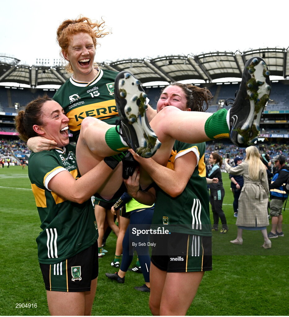 4 August 2024; Louise Ní Mhuircheartaigh of Kerry, centre, celebrates with teammates Aishling O'Connell, left, and Eilís Lynch after their side's victory in the TG4 All-Ireland Ladies Football Senior Championship final match between Galway and Kerry at Croke Park, Dublin. Photo by Seb Daly/Sportsfile
