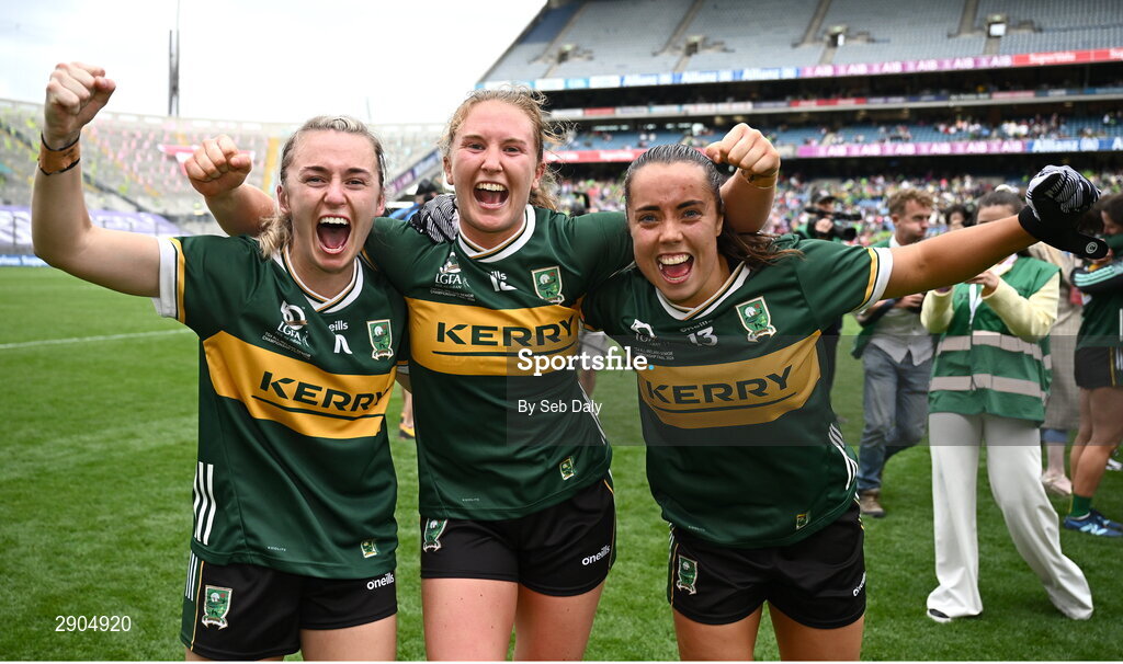 4 August 2024; Kerry players, from left, Niamh Carmody, Síofra O'Shea and Danielle O'Leary celebrate after their side's victory in the TG4 All-Ireland Ladies Football Senior Championship final match between Galway and Kerry at Croke Park, Dublin. Photo by Seb Daly/Sportsfile