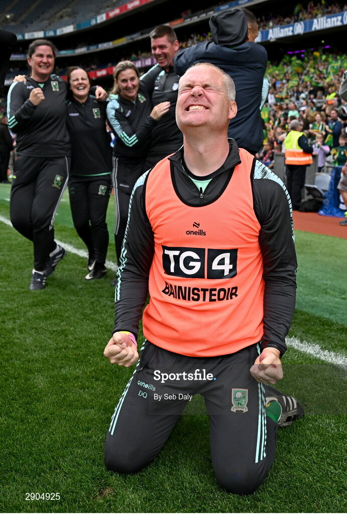 4 August 2024; Kerry manager Declan Quill celebrates at the final whistle after his side's victory in the TG4 All-Ireland Ladies Football Senior Championship final match between Galway and Kerry at Croke Park, Dublin. Photo by Seb Daly/Sportsfile