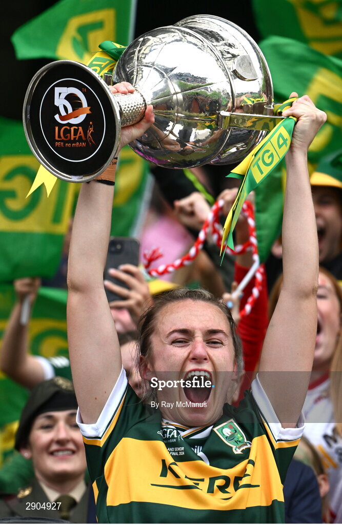 4 August 2024; Kerry captain Niamh Carmody lifts the Brendan Martin cup after the TG4 All-Ireland Ladies Football Senior Championship final match between Galway and Kerry at Croke Park in Dublin. Photo by Ray McManus/Sportsfile