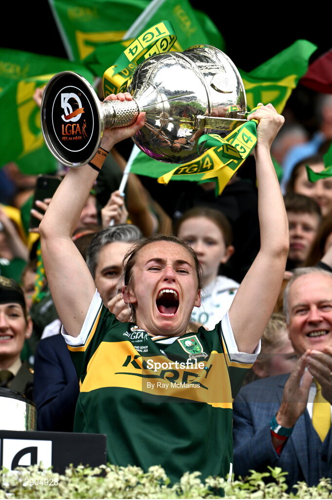 4 August 2024; Kerry captain Niamh Carmody lifts the Brendan Martin cup after the TG4 All-Ireland Ladies Football Senior Championship final match between Galway and Kerry at Croke Park in Dublin. Photo by Ray McManus/Sportsfile