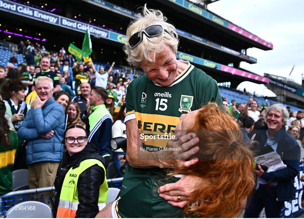 4 August 2024; Louise Ní Mhuircheartaigh of Kerry celebrates with her mother Noreen after victory in the TG4 All-Ireland Ladies Football Senior Championship final match between Galway and Kerry at Croke Park in Dublin. Photo by Piaras Ó Mídheach/Sportsfile