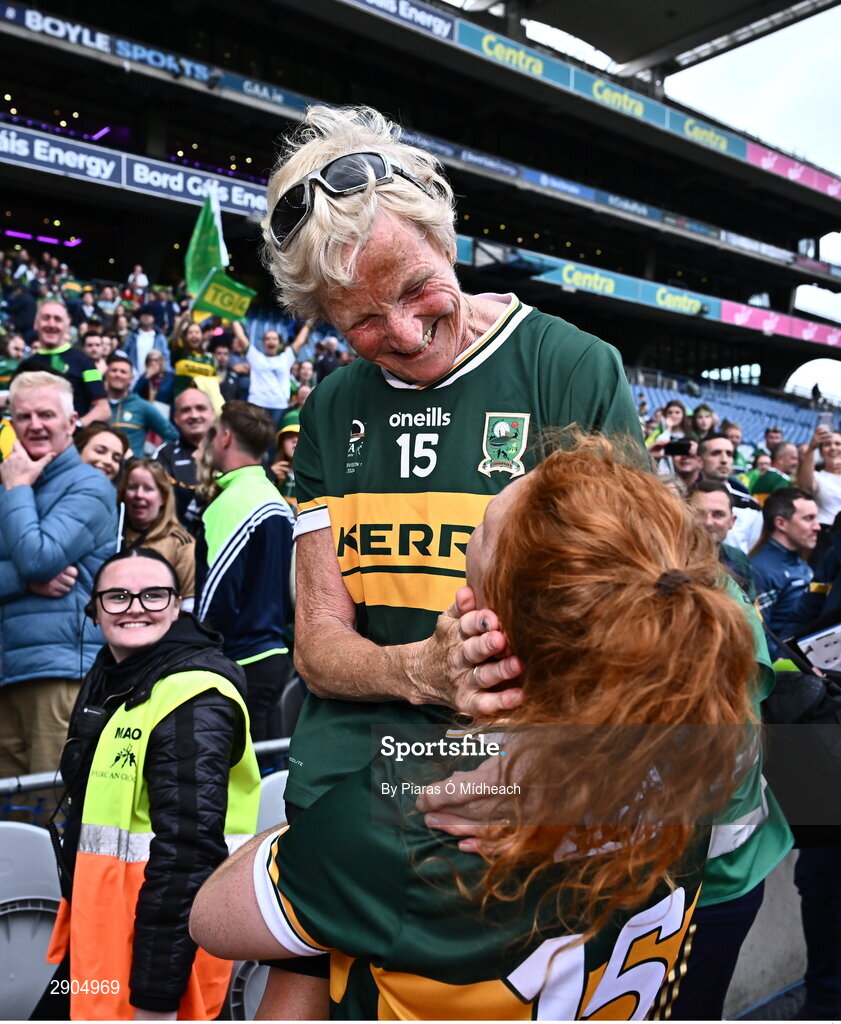 4 August 2024; Louise Ní Mhuircheartaigh of Kerry celebrates with her mother Noreen after victory in the TG4 All-Ireland Ladies Football Senior Championship final match between Galway and Kerry at Croke Park in Dublin. Photo by Piaras Ó Mídheach/Sportsfile
