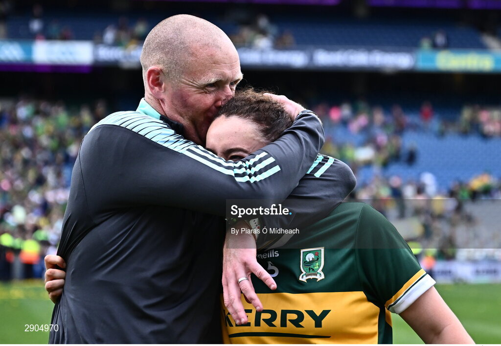 4 August 2024; Kerry joint-manager Darragh Long celebrates with Aishling O'Connell after their side's victory in the TG4 All-Ireland Ladies Football Senior Championship final match between Galway and Kerry at Croke Park in Dublin. Photo by Piaras Ó Mídheach/Sportsfile