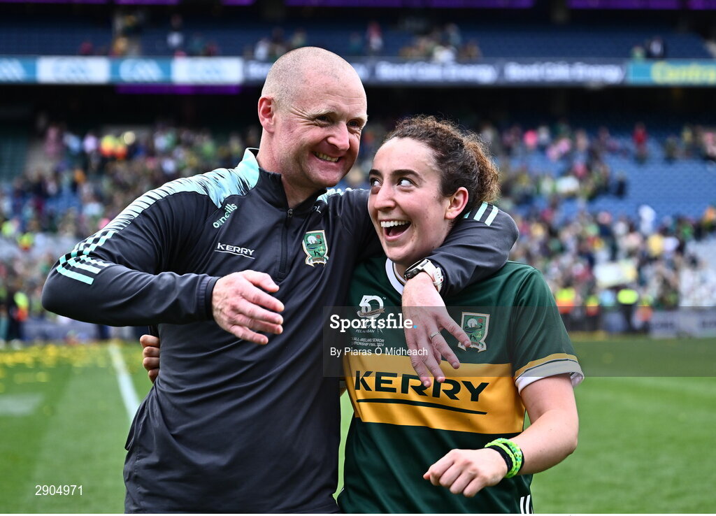 4 August 2024; Kerry joint-manager Darragh Long celebrates with Aishling O'Connell after their side's victory in the TG4 All-Ireland Ladies Football Senior Championship final match between Galway and Kerry at Croke Park in Dublin. Photo by Piaras Ó Mídheach/Sportsfile