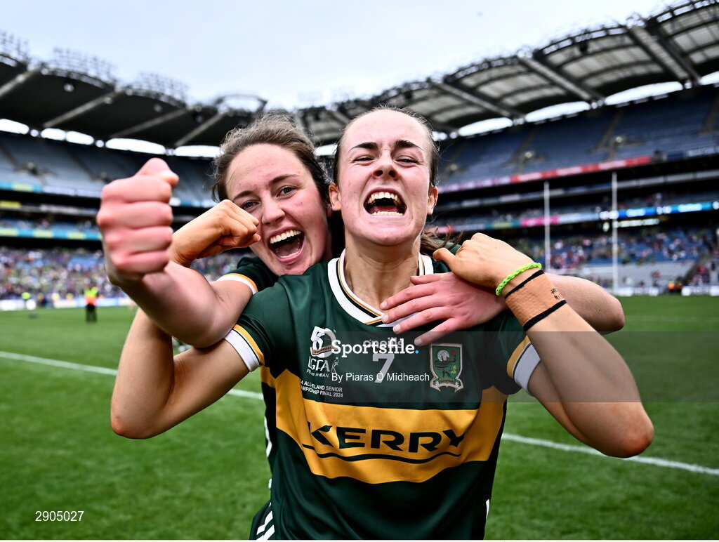 4 August 2024; Kerry players Aoife Dillane, right, and Mary O'Connell celebrates after their side's victory in the TG4 All-Ireland Ladies Football Senior Championship final match between Galway and Kerry at Croke Park in Dublin. Photo by Piaras Ó Mídheach/Sportsfile