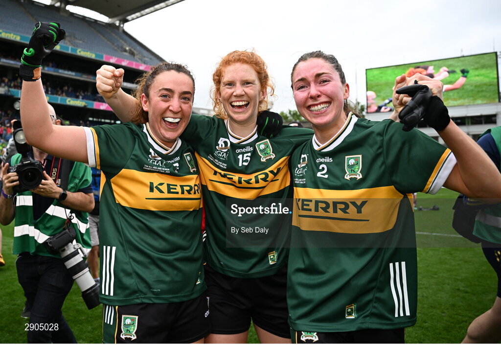 4 August 2024; Kerry players, from left, Aishling O'Connell, Louise Ní Mhuircheartaigh and Eilís Lynch celebrate after their side's victory in the TG4 All-Ireland Ladies Football Senior Championship final match between Galway and Kerry at Croke Park, Dublin. Photo by Seb Daly/Sportsfile