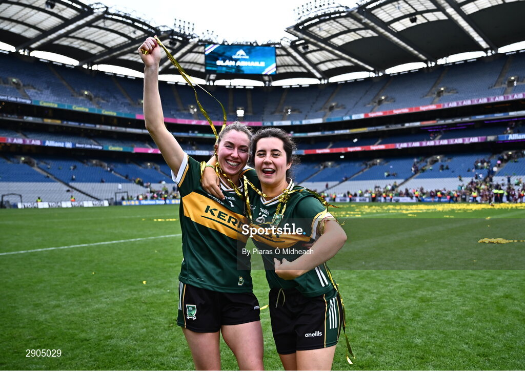 4 August 2024; Kerry players Eilís Lynch, left, and Jadyn Lucey celebrate after their side's victory in the TG4 All-Ireland Ladies Football Senior Championship final match between Galway and Kerry at Croke Park in Dublin. Photo by Piaras Ó Mídheach/Sportsfile