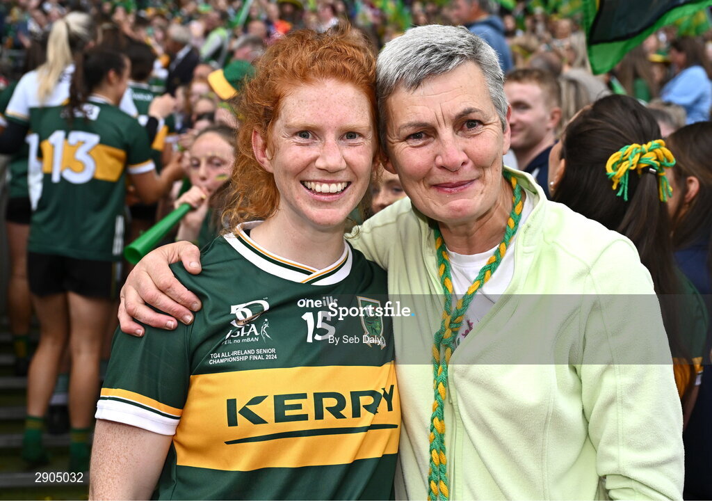 4 August 2024; Louise Ní Mhuircheartaigh of Kerry with former Kerry ladies footballer Mary Jo Curran after their side's victory in the TG4 All-Ireland Ladies Football Senior Championship final match between Galway and Kerry at Croke Park, Dublin. Photo by Seb Daly/Sportsfile