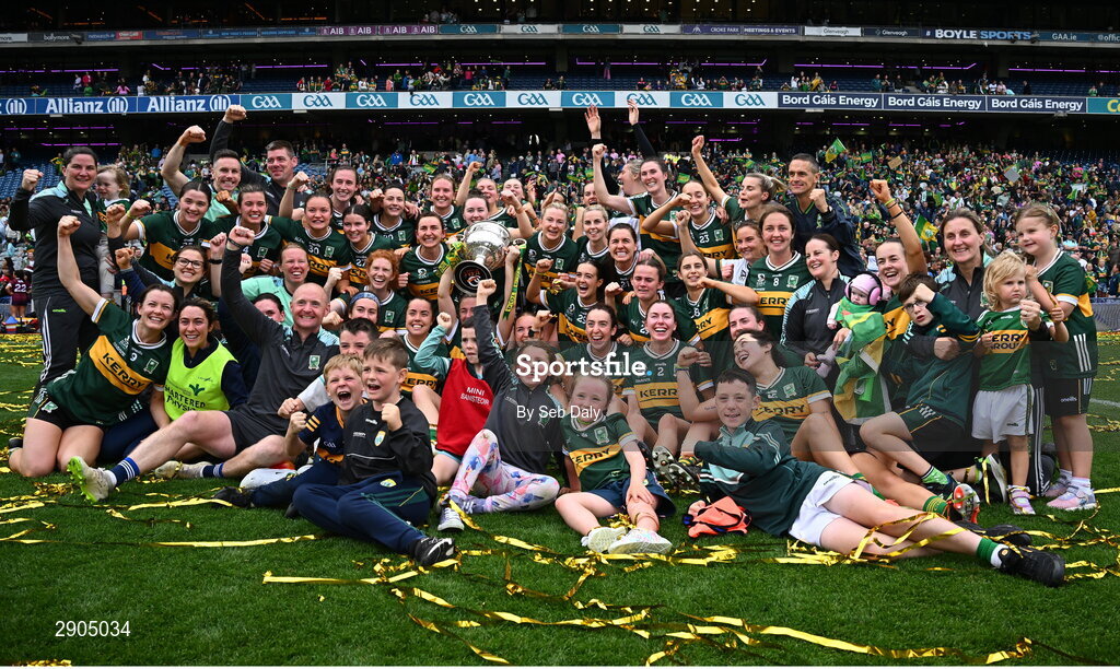 4 August 2024; Kerry players and management celebrate with the the the Brendan Martin cup after their side's victory in the TG4 All-Ireland Ladies Football Senior Championship final match between Galway and Kerry at Croke Park, Dublin. Photo by Seb Daly/Sportsfile