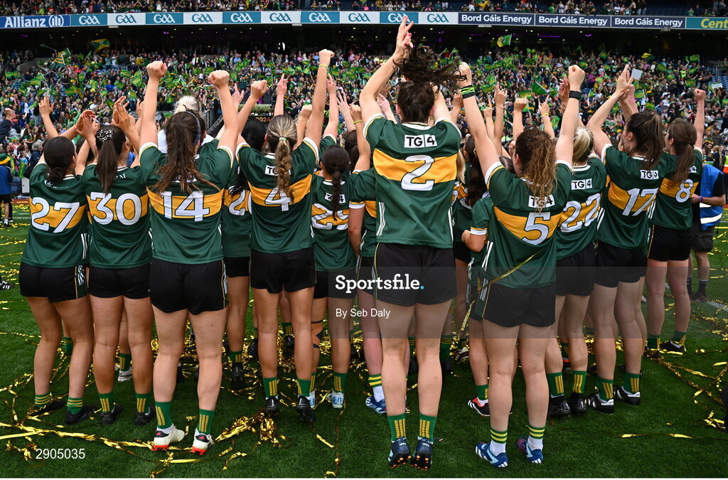 4 August 2024; Kerry players celebrate after their side's victory in the TG4 All-Ireland Ladies Football Senior Championship final match between Galway and Kerry at Croke Park, Dublin. Photo by Seb Daly/Sportsfile