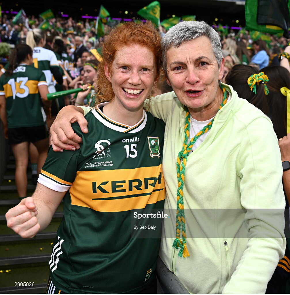 4 August 2024; Louise Ní Mhuircheartaigh of Kerry with former Kerry ladies footballer Mary Jo Curran after their side's victory in the TG4 All-Ireland Ladies Football Senior Championship final match between Galway and Kerry at Croke Park, Dublin. Photo by Seb Daly/Sportsfile